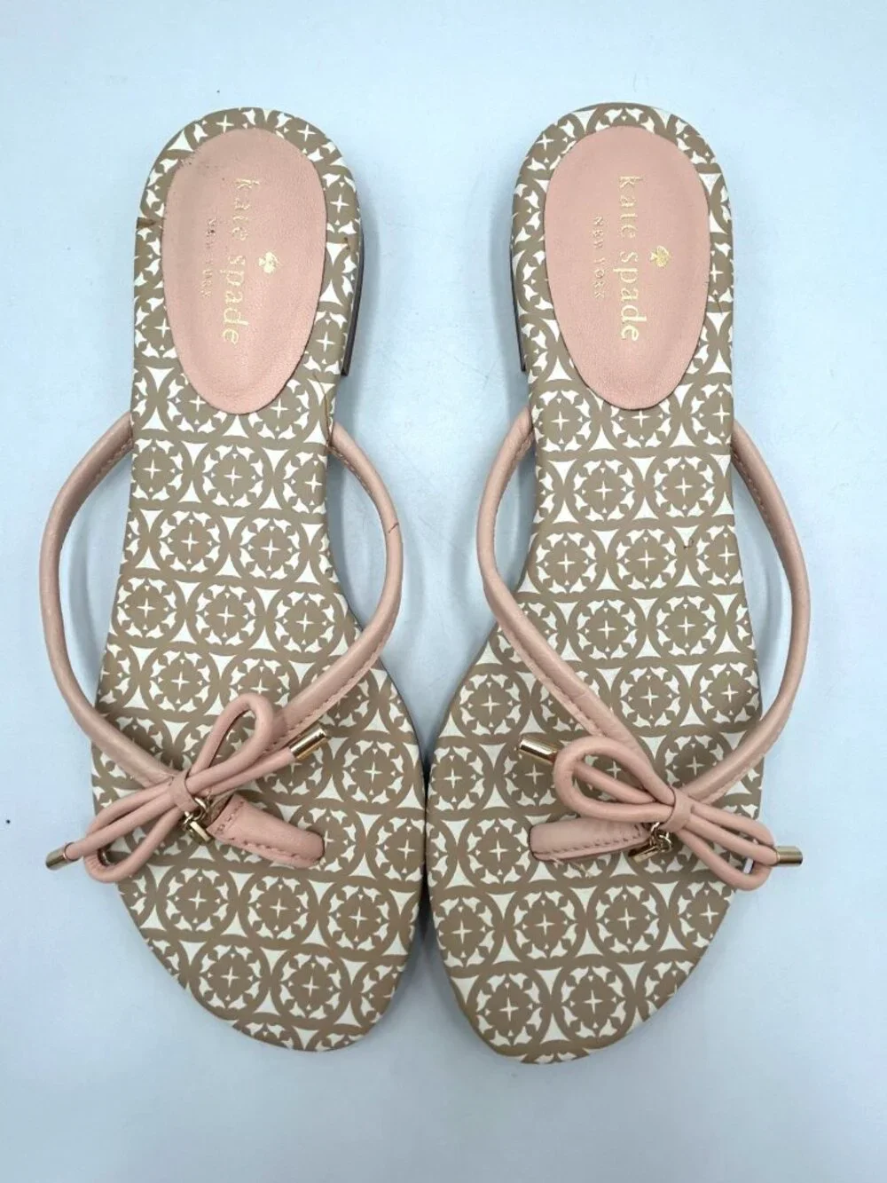 Kate Spade Women's Beige Pink Leather Mistic Bow Flats Sandals Size 9.5 3615